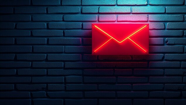 Glowing red neon envelope icon on brick wall.
