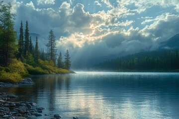 lake and mountains. Generative AI