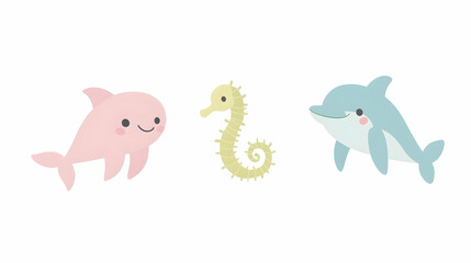 Fototapeta premium Cute cartoon sea animals dolphin, seahorse, porpoise on white background; children's book illustration