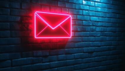 Glowing red neon envelope icon on a dark brick wall.