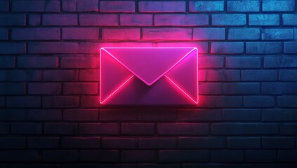 Glowing neon email icon on brick wall.