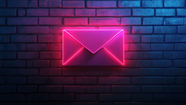 Glowing neon email icon on brick wall. - Powered by Adobe