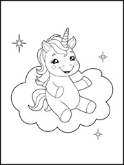Fototapeta premium Black and White Unicorn Coloring Page for Kids. Cute, Hand-Drawn, Printable Activity Sheet with Cartoon Characters and Simple Doodles 