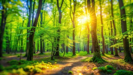 Obraz premium Spring Forest Sunlight, Tilt-Shift Miniature Photography, Green Trees, Nature Scene, Vivid Colors