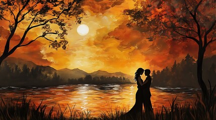 Silhouette of a couple embracing by a river as the sun sets