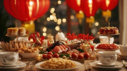 Naklejka premium Chinese New Year set with a table set for a feast, adorned with red lanterns, delicate gold trinkets, and symbolic foods.