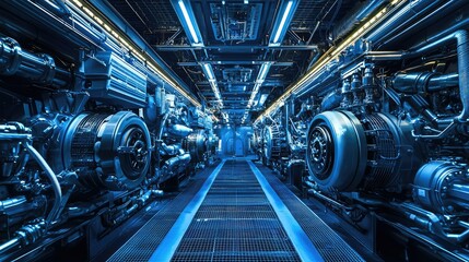 Obraz premium High-Tech Machinery and Engine Room with Blue LED Lighting