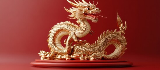 Fototapeta premium Gold Dragon Statue, Red Background, Asian Decor