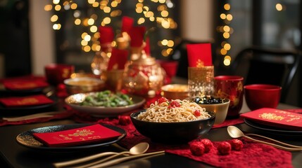 Naklejka premium Chinese New Year set featuring a traditional dining table with red and gold place settings, bowls of noodles, and decorations including red envelopes and gold ingots.