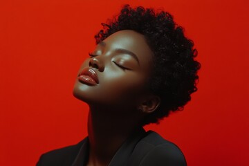 Obraz premium Pretty happy black girl - for ads, billboard and web marketing banner use. Commercial promotion idea. Short hairdo - curly hair. Bold black model portrait. African american advertising ideas.