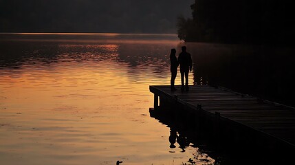 Silhouetted couple holding hands at the edge of a dock during sunset