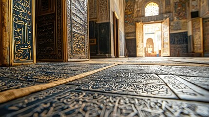 Intricate Arabic Calligraphy on Historic Floor Tiles in Mosque