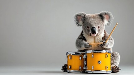 [teddy bear playing musical instruments] Teddy Bear Drumming on Vintage Drum Kit with Whimsical Music Theme