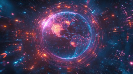 Futuristic glowing digital Earth encircled by neon lights.