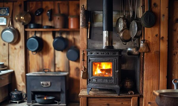 A cozy wood stove radiates warmth in a rustic kitchen, surrounded by vintage cookware and wooden walls, creating a welcoming atmosphere.