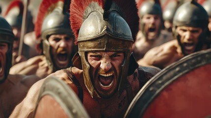 Fototapeta premium Intense Close-Up of Historical Warriors Preparing for Battle