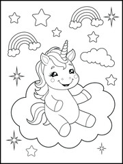 Black and White Unicorn Coloring Page for Kids. Cute, Hand-Drawn, Printable Activity Sheet with Cartoon Characters and Simple Doodles
