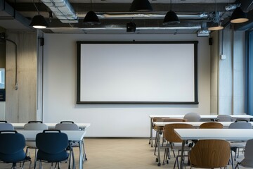 Modern classroom projector screen, empty desks, meeting