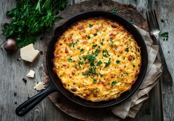 Golden Brown Baked Pasta with Cheese on Rustic Wooden Table Surrounded by Fresh Herbs and Cheese Shavings in a Cast Iron Skillet