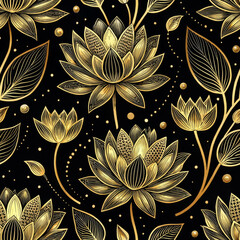 Seamless Golden Lotus Floral Pattern on Black Background