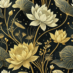 Seamless Golden Lotus Floral Pattern on Black Background