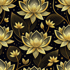 Seamless Golden Lotus Floral Pattern on Black Background