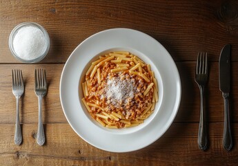 Plate of pasta with meat sauce topped with cheese on a rustic wooden table surrounded by cutlery and sugar for a cozy dining experience
