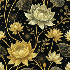 Seamless Golden Lotus Floral Pattern on Black Background