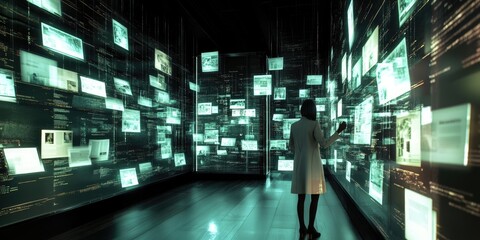 A futuristic media archive room containing floating holographic documents, where researchers use gesture controls to retrieve information.