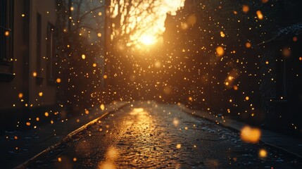 Empty street with faint hmpv and covid virus particles floating in the air, cinematic atmosphere with moody lighting