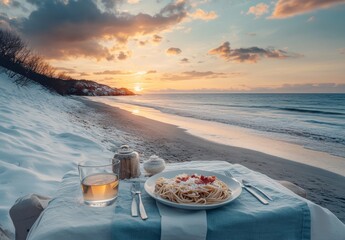 Obraz premium Romantic Pasta Dinner on a Beach at Sunset with Sandy Shore and Scenic Ocean View Surrounded by Snowy Landscape and Calm Waters