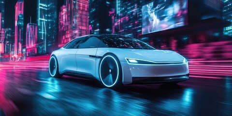 Fototapeta premium An electric car glides through a modern city at night, with neon lights reflecting off its sleek surface, creating a futuristic atmosphere.
