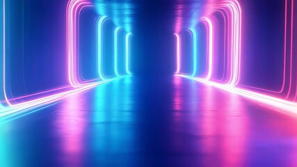 Dynamic abstract movements in a vibrant neon hallway with glowing reflections and energetic colors