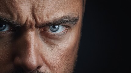 Obraz premium Intense Close-Up of Male Face with Focused Expression and Striking Blue Eyes on Dark Background