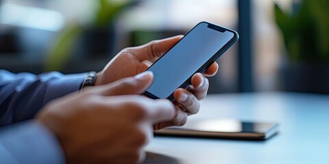 An insurance agent interacts with a client using a smartphone in a modern office, emphasizing convenience and ease of access.
