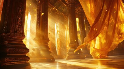 Fototapeta premium Ethereal Light Streaming Through Golden Drapes in Ancient Temple