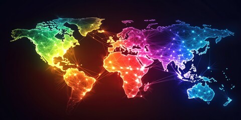 Fototapeta premium A vibrant digital illustration depicting global business connections with lines and nodes overlaying a world map.