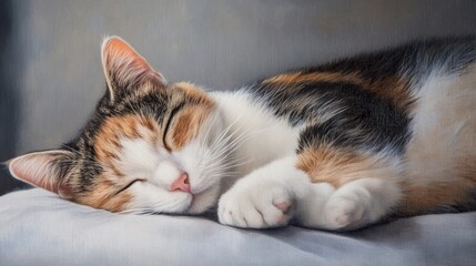 Fototapeta premium Peaceful calico cat sleeping on a soft pillow
