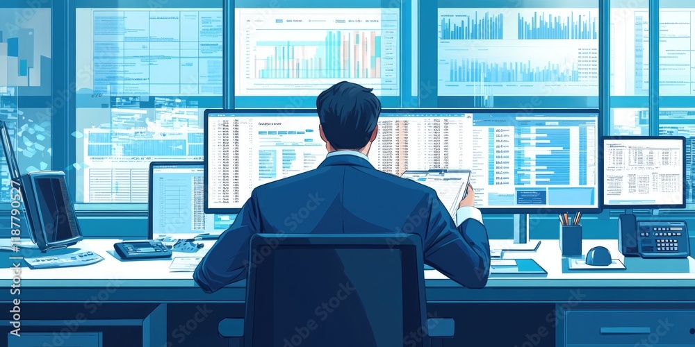 Aufkleber A financial manager is compiling the annual report at a desk filled with spreadsheets and charts, dressed in formal office attire within a high-tech interior.