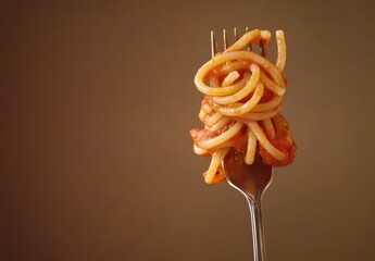 Twisted Forkful of Spaghetti with Tomato Sauce Against a Warm Brown Background Captured in a Close-Up Shot for Culinary Inspiration