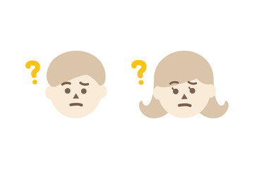 Confused man and woman head with question mark. Facial expression, feeling, trouble, solution concepts. Flat people character vector design isolated illustration.