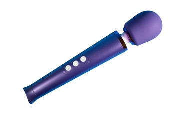 Sex toy for adults, design dildo vibrator isolated on white background. Cut out. The head of the massager is also purple and appears to be made of a soft material.