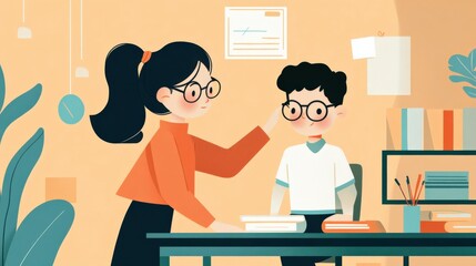 Engaging Interaction Between a Teacher and a Student in a Bright Classroom, Showcasing Positive Education Environment and Learning Dynamics