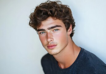 Fototapeta premium Young man with curly hair and striking blue eyes poses against a neutral background, showcasing effortless charm and authenticity in a casual portrait.