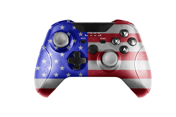 Video game controller with an American flag pattern. The controller has two analog sticks, a directional pad, and several buttons. Isolated on white background. Cut out.