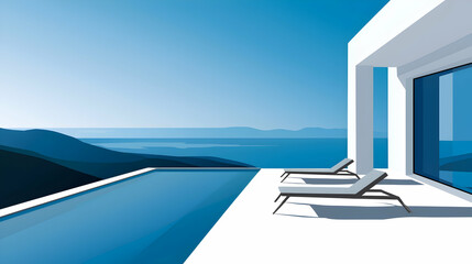 Fototapeta premium Oceanfront villa infinity pool, sun loungers, mountain view; luxury real estate brochure