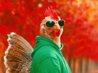 turkey wearing a green hoodie and shades