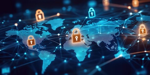 Encrypted data is transferred between global servers, demonstrating cyber protection alongside a digital world map in blue hues.