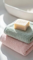 Pastel towels and natural soap in sunlit bathroom