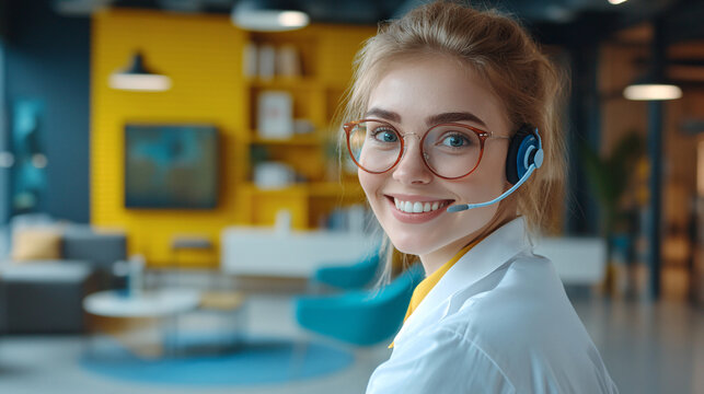 A smiling woman in a headset, wearing glasses, and a lab coat, stands in a modern office environment with vibrant decor.
